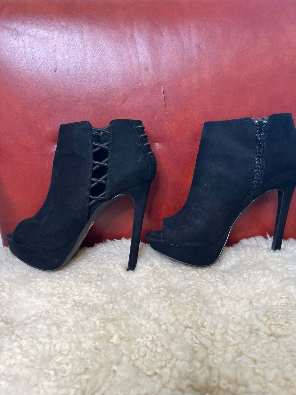 Black Suede Peep Toe Platform Stiletto Booties Y2K Party Heels